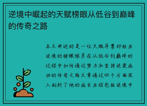 逆境中崛起的天赋榜眼从低谷到巅峰的传奇之路 逆境中崛起的天赋榜眼从低谷到巅峰的传奇之路